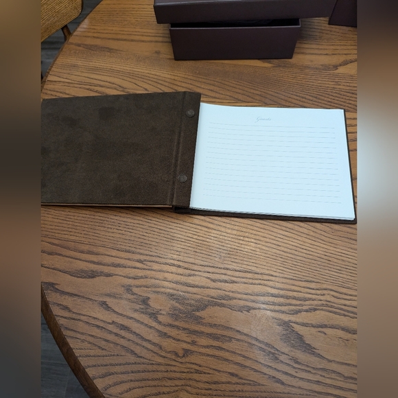 READ .Papyrus Guest book and pen with stand set.  Silver tone with Brown velour. - Picture 6 of 11